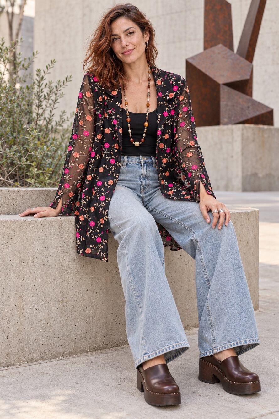 Karen Kane Sheer Black Floral Embroidered Open Front Jacket Kimono